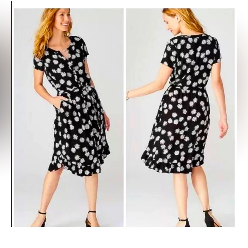J. Jill Ruffled-Hem Daisy-Print Belted Black White Dress Size Medium